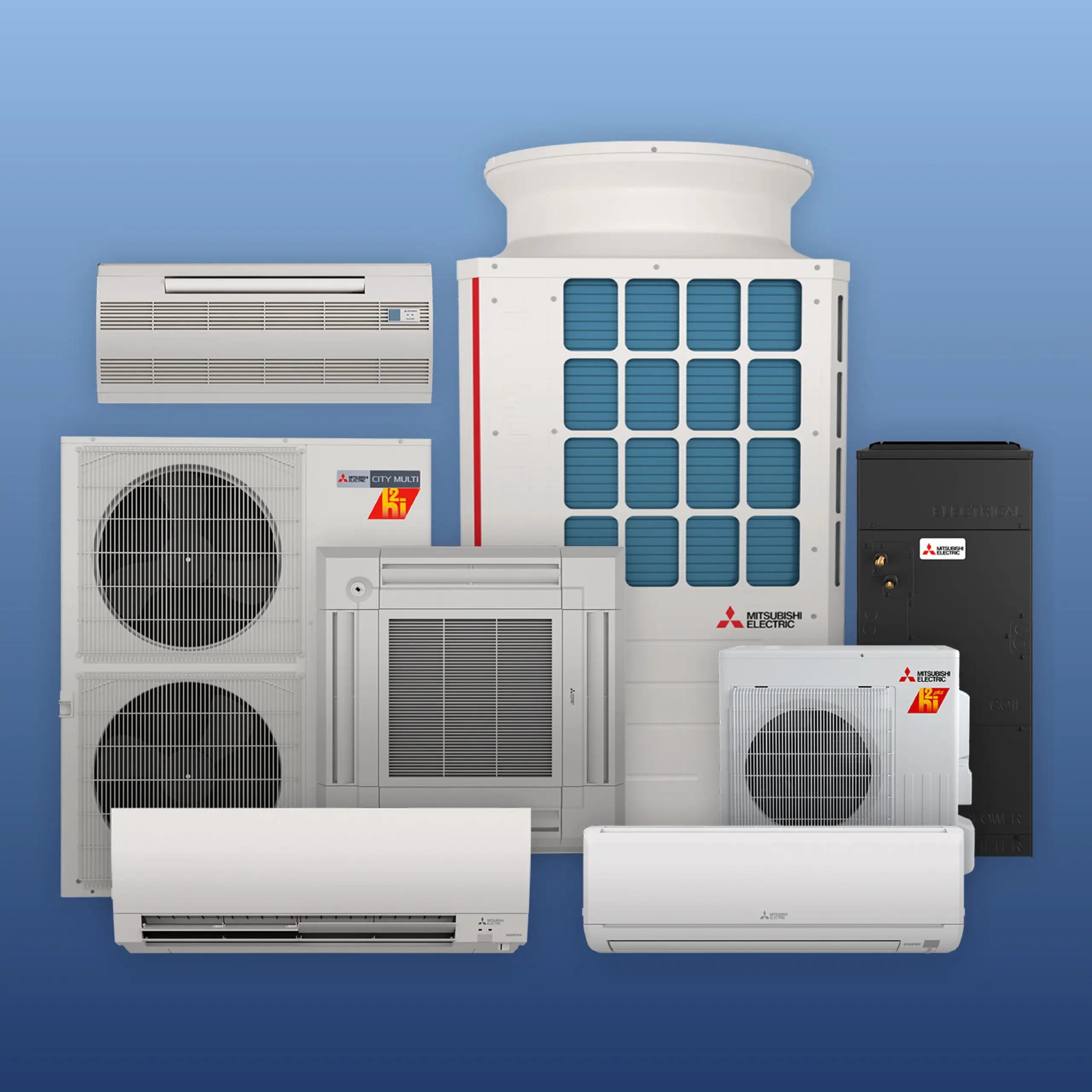 Upstate Climate Solutions Product Page Photo - an array Mitsubishi Electrical HVAC products